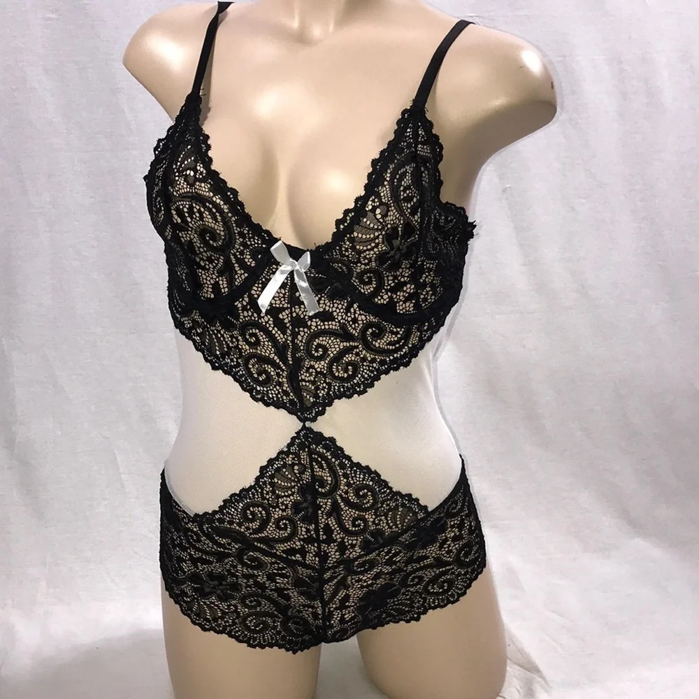 Lace White and Black one-piece romper with underwire and back bra closure